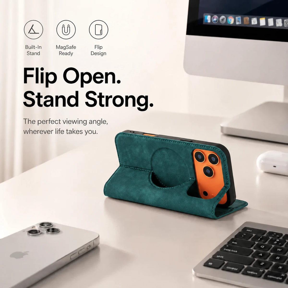 Teal leather folio phone case viewed from behind in a landscape stand position #color_Arctic Green